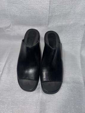 Vintage Bongo Black Leather Open-Toe Platform Wedge Mule Sandals